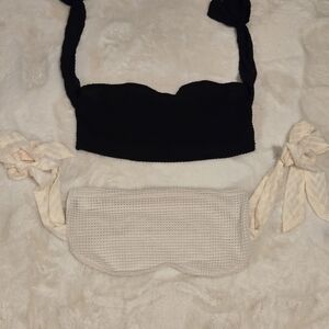 SHEIN Black Textured Knit Tube Tops With Tie Backs